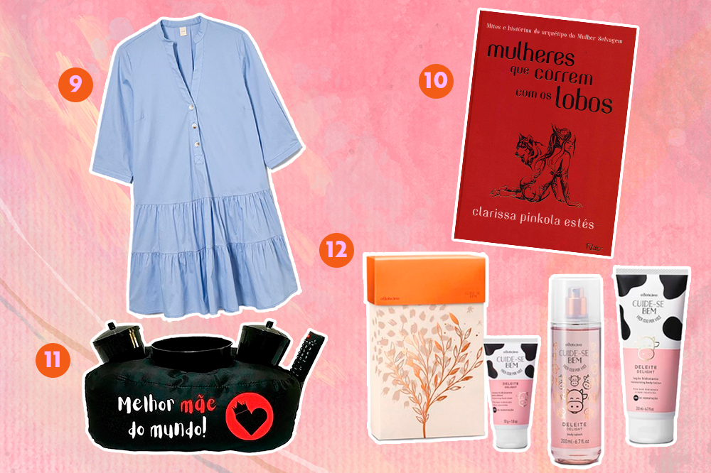 Montagem com fundo rosa e opções de produtos para dar de presente. Em cima, tem um vestido azul e o livro Mulheres que correm com os lobos. Embaixo, um porta pipoca preto e vermelho escrito Melhor Mãe do Mundo e um kit para cuidados com o corpo.