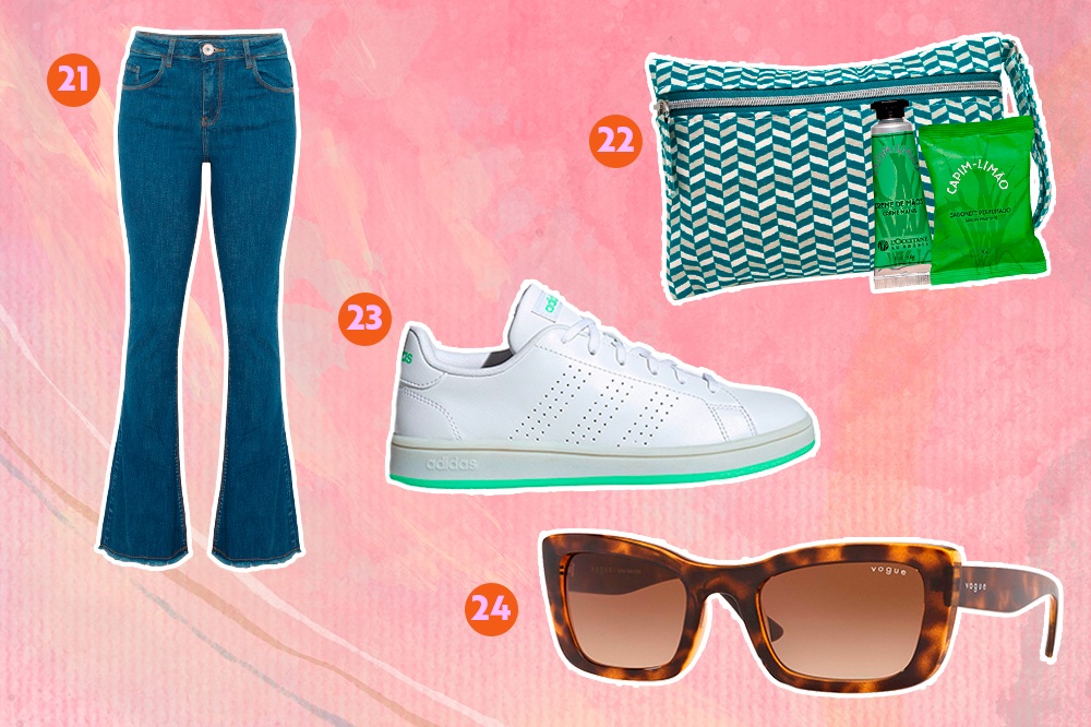 Montagem com fundo rosa e opções de produtos para dar de presente. Em cima, uma calça jeans flare e um kit com creme para as mãos, necessáire e sabonete. Embaixo, um tênis branco e um óculos de sol.