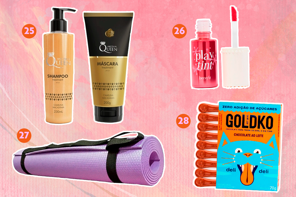 Montagem com fundo rosa e opções de produtos para dar de presente. Em cima, um shampoo e condicionador e um lip tint. Embaixo, um tapete de yoga e um chocolate.