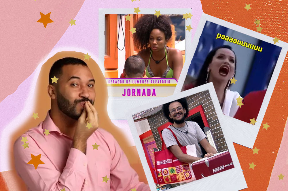 Gilberto do BBB21 beijando as pontas dos dedos; lumena falando sobre jornada. Juliette falando que é pau; e João Luiz pegando as compras no mercado