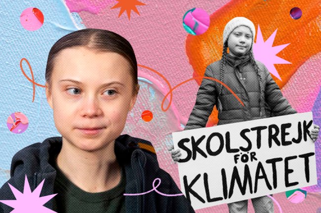 Colagem com duas imagens de Greta Thunberg. Na primeira, aparece apenas o rosto da jovem e, na segunda, Greta segurando um cartaz com a frase 