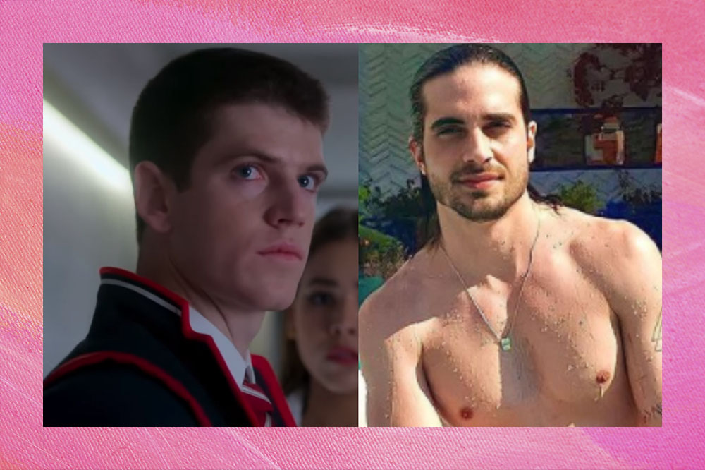 guzman e fiuk Montagem com duas fotos; na primeira Guzmán de perfil em cena de Elite usando o uniforme de Las Encinas; na segunda Fiuk com cabelo e corpo molhado sem camisa na piscina do BBB21