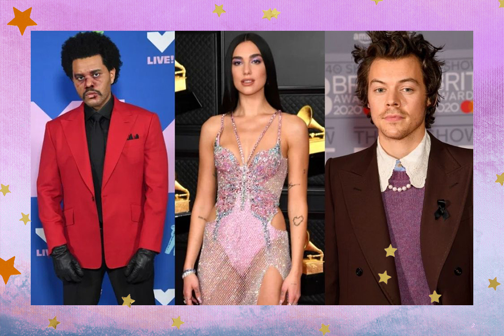 Montagem com The Weeknd usando blazer vermelho; Dua Lipa de vestido com pedraria; Harry Styles com blazer e cardigã roxo