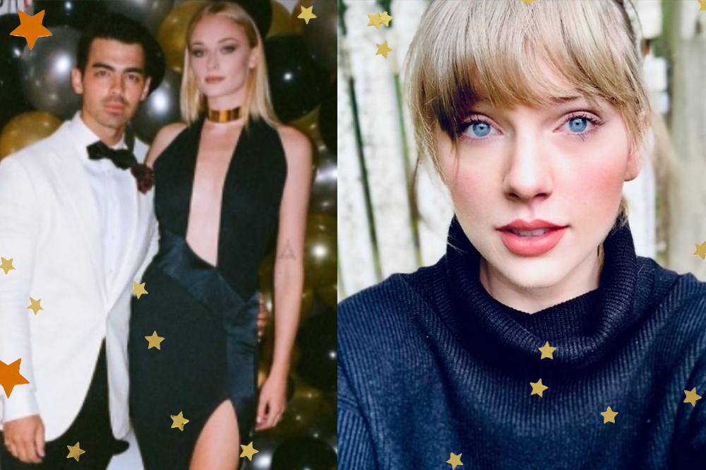 Montagem de Joe Jonas com Sophie Turner em festa e selfie Taylor Swift ao lado