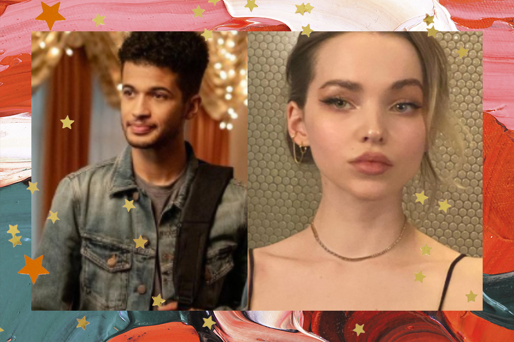 Montagem com duas fotos: na primeira Jordan Fisher no Filme Work It da Netflix usando camisa jeans e segurando uma mochila no ombro; na segunda uma selfie de Dove Cameron com cabelo preso e colar