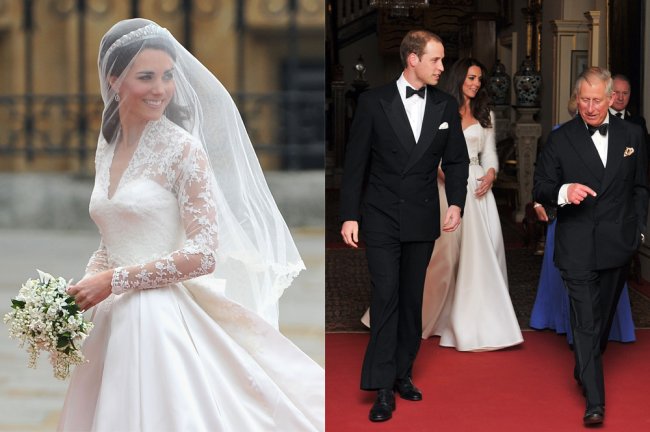 10 curiosidades para comemorar os 10 anos de casamento de William e Kate Duas fotos. À esquerda, Kate Middleton olhando para o lado e sorrindo, vestida de noiva, durante o Casamento Real. À direita, Kate, William e Charles deixando a Clarence House