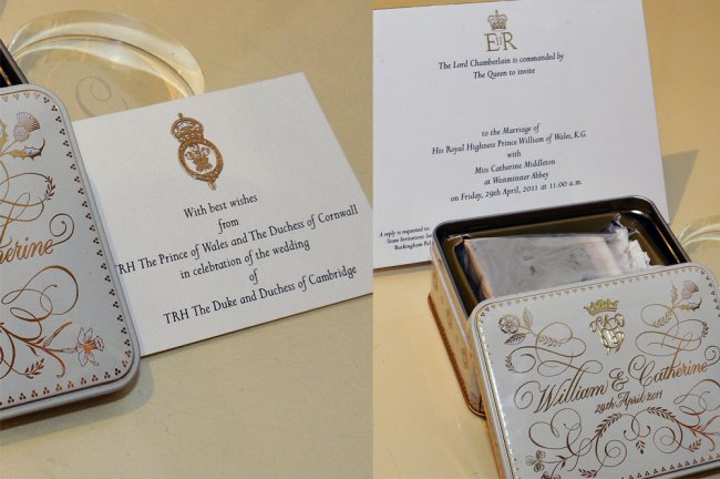 10 curiosidades para comemorar os 10 anos de casamento de William e Kate Detalhes do convite de casamento de Kate Middleton e Príncipe William. Ele é branco, com inscrições douradas e pretas, e veio dentro de uma lata quadrada pequena, tambpem branca e com os nomes de Kate e William escritos em letras cursivas douradas