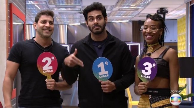 15 frases e expressões que estão grudadas na cabeça de quem viu o BBB21 A foto mostra o pódio do Rodolffo no BBB21, com Caio em 2º lugar e Karol Conká em 3º; brothers estão na sala do reality