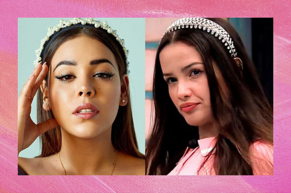 lucrecia e juliette Montagem com duas fotos; na primeira vemos Lucrécia de Elite com tiara de pérolas e mão encostada no rosto; na segunda vemos Juliette Freire do BBB21 com tiara prata com expressão séria