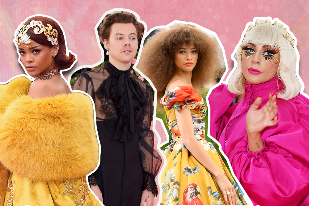 Colagem com Rihanna no olhando de lado com um vestido amarelo, Harry Styles com uma camisa transparente preta, Zendaya com um vestido estampado amarelo e Lady Gaga com um traje rosano Met Gala