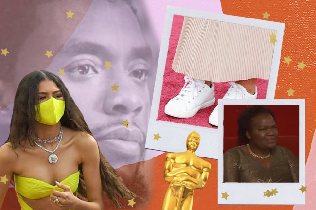 Montagem com as fotos de Zendaya vestindo uma máscara de proteção amarela, a homenagem póstuma do Oscar ao Chadwick Boseman, uma foto de um tênis branco no tapete vermelho e uma com a reação da mãe de Daniel Kaluuya