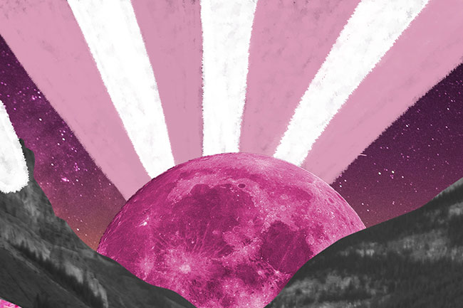ilustração mostra duas montanhas pretas e um sol rosa nascendo entre elas. Os raios dele são brancos e rosa
