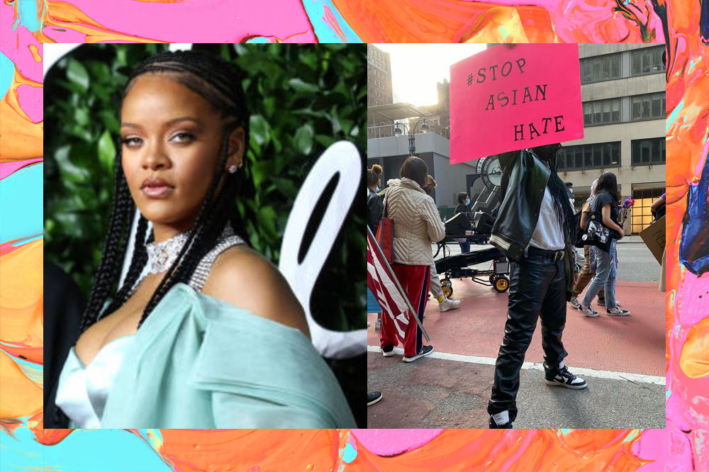 Montagem com uma foto da Rihanna no tapete de premiação e outra foto de Rihanna na manifestação #StopAsianHate, segurando um cartaz com o nome do movimento.