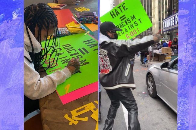 Colagem com duas imagens. A primeira com Rihanna fazendo um cartaz para a manifestação, a segunda com a cantora andando pela rua na manifestação