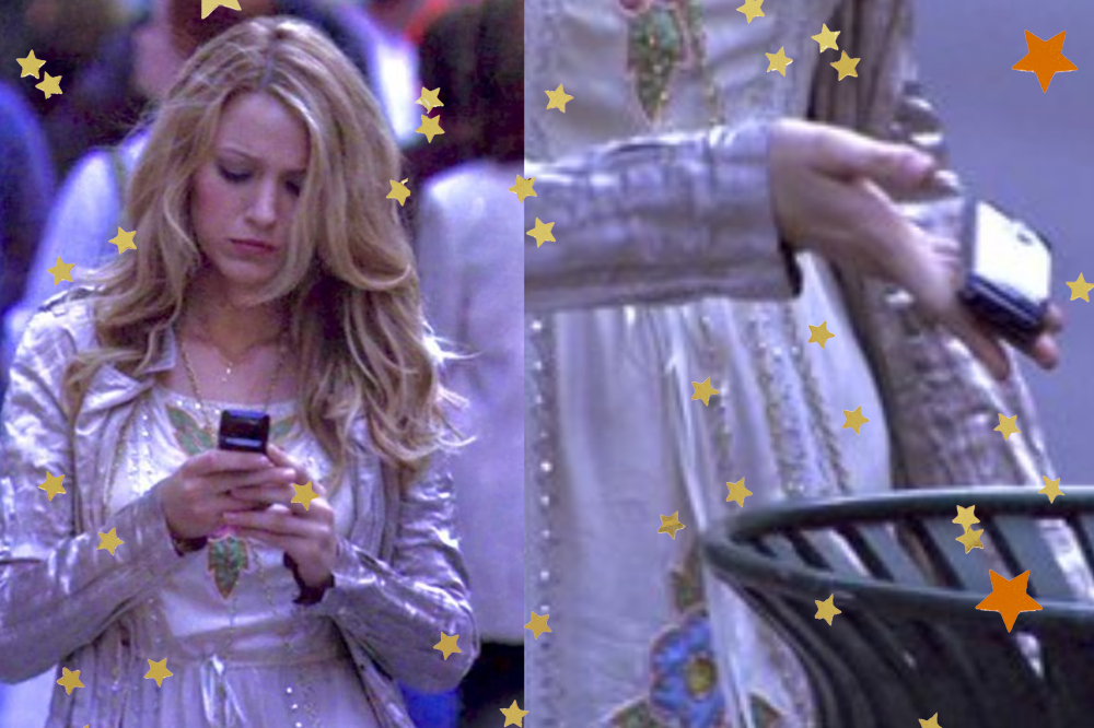 Montagem com duas fotos: na primeira Serena olha para o celular; na segunda ela joga o telefone no lixo em cena de Gossip Girl