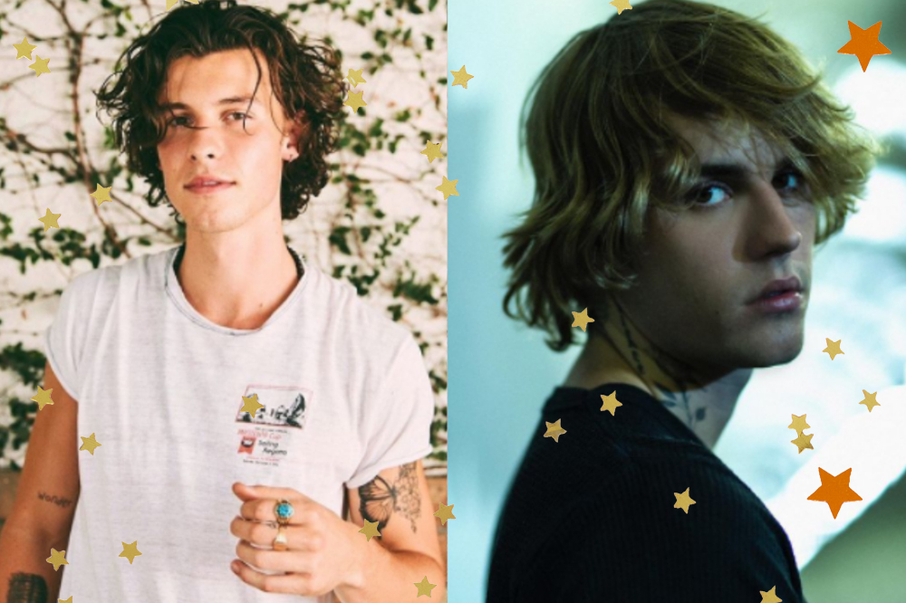 shawn mendes e justin bieber Montagem de Shawn Mendes com camiseta branca; Justin Bieber olhando por cima do ombro com camiseta preta