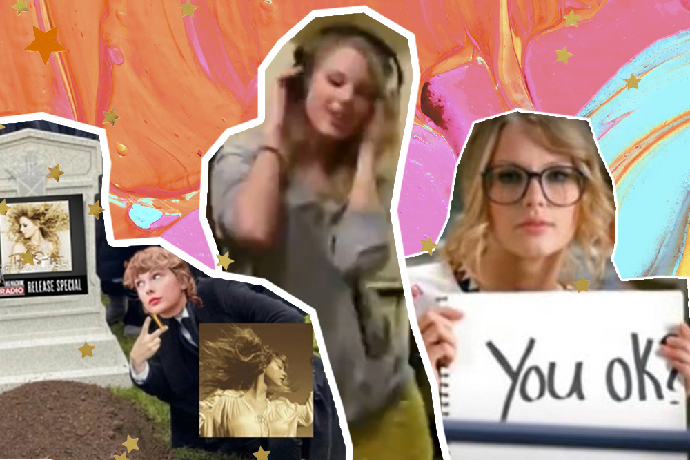 Colagem com três imagens de reações ao álbum de Taylor Swift; Taylor enterrando seu antigo disco, Taylor dançando com fone de ouvido, Taylor segurando plaquinha escrito 
