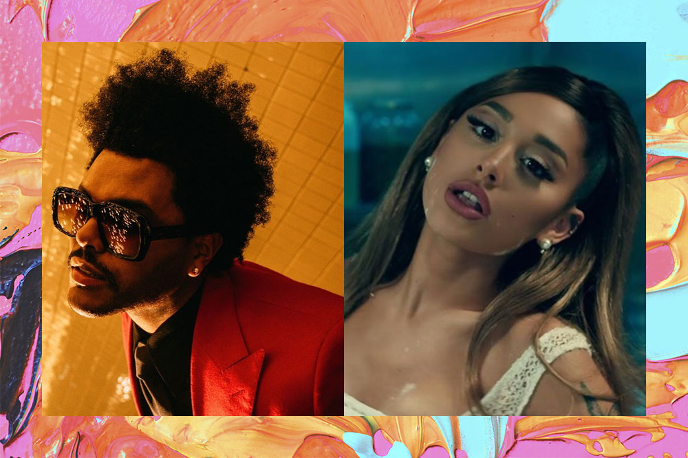 Montagem de um lado The Weeknd com óculos escuro e terno vermelho com a cabeça erguida e do outro lado Ariana Grande