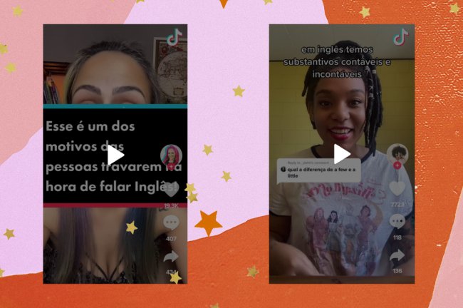 A colagem mostra dois prints do TikTok. No primeiro aparece a professora Elza Lacerda e a chamada 