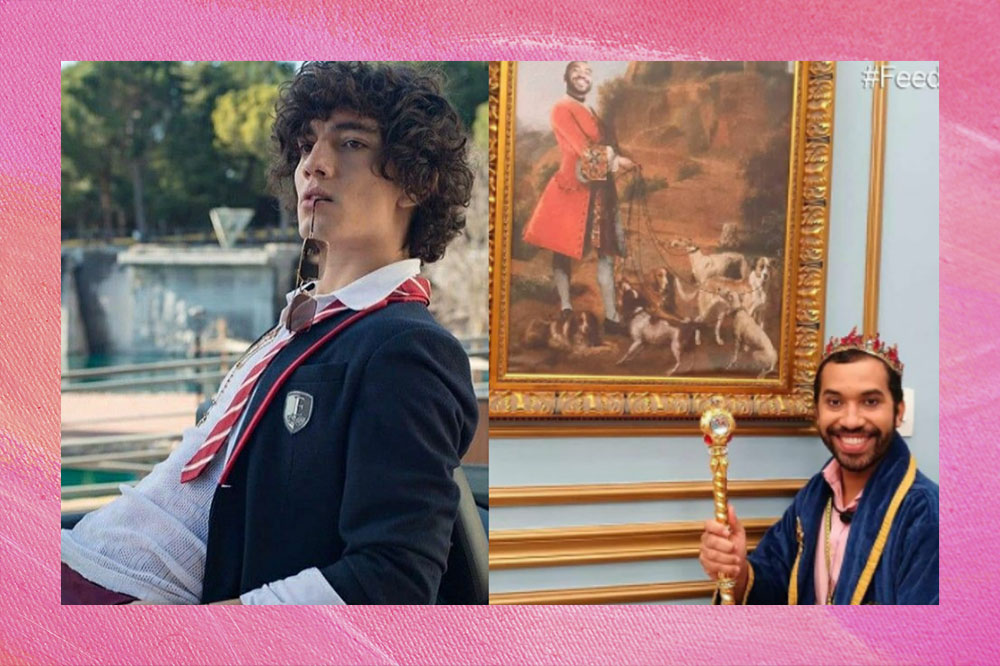 valerio e gil Montagem com duas fotos; na primeira Valerio apoiado no carro com uniforme de Las Encinas e com o pingente do colar na boca em cena de Elite; na segunda Gil no quarto do líder do BBB21 posando em frente ao quadro com sua foto rodeada por cachorros para ilustrar a