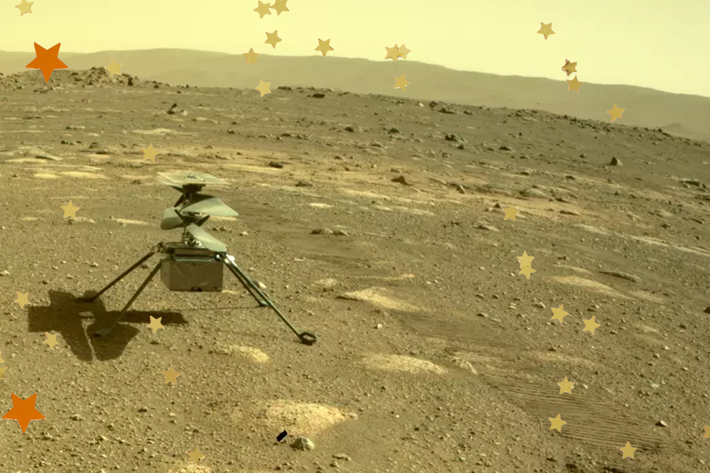 Imagem do helicóptero Ingenuity, da NASA, no solo cheio de crateras de Marte