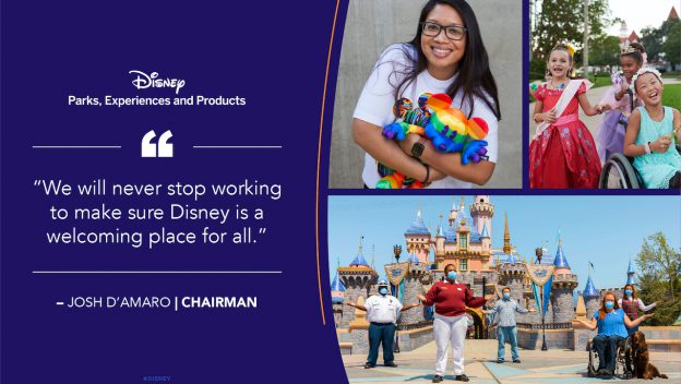 Disney Montagem com fundo azul com citação do presidente da disney escrito na cor branca, e ao lado montagem com uma mulher de óculos usando camiseta branca e segurando mickeys coloridos, em baixo uma foto do castelo da Disney com pessoas na frente.