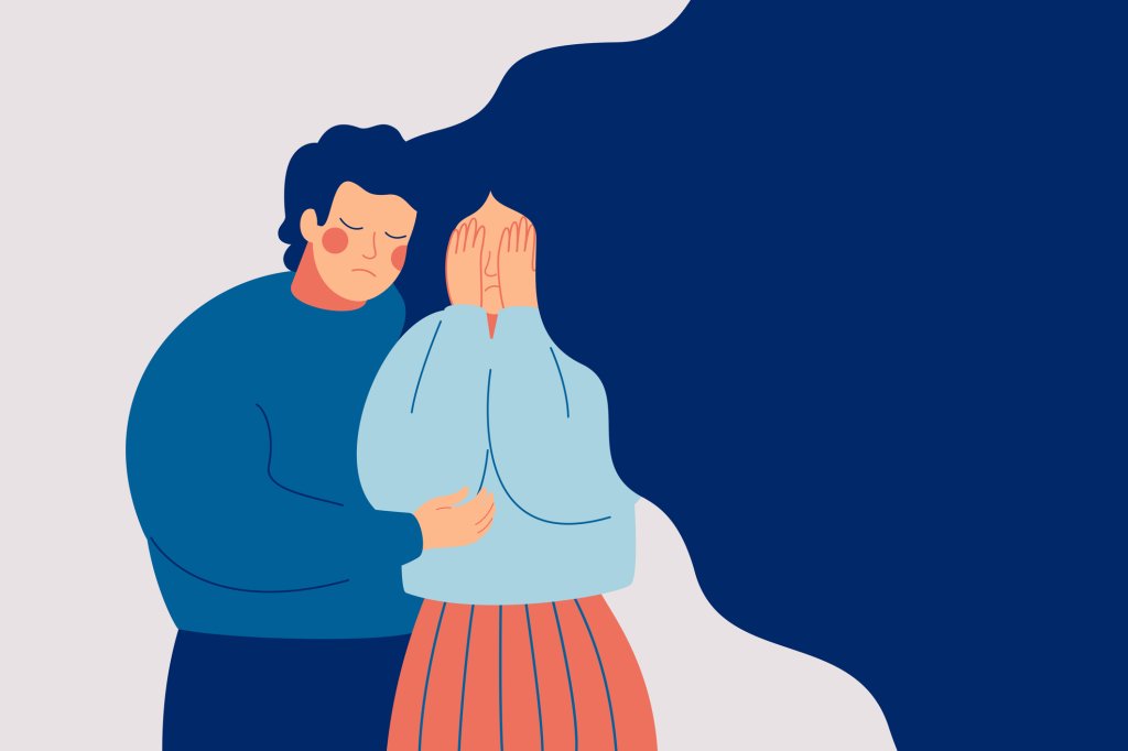 Ilustração de uma garota de cabelos longos e azuis sendo confortada com um abraço por uma rapaz de bochechas rosadas