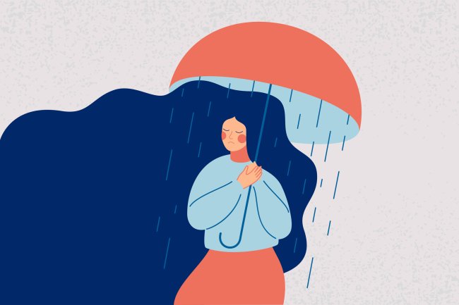 Ilustração de uma mulher de longos cabelos azuis, triste, segurando um guarda-chuva vermelho, para se proteger de uma chuva que só cai sobre ela; representação da depressão