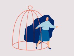 Do luto individual ao coletivo: quais as fases, quanto dura e como superar Ilustração de uma mulher de longos cabelos azuis saindo de uma enorme gaiola vermelha; representação para a superação da depressão