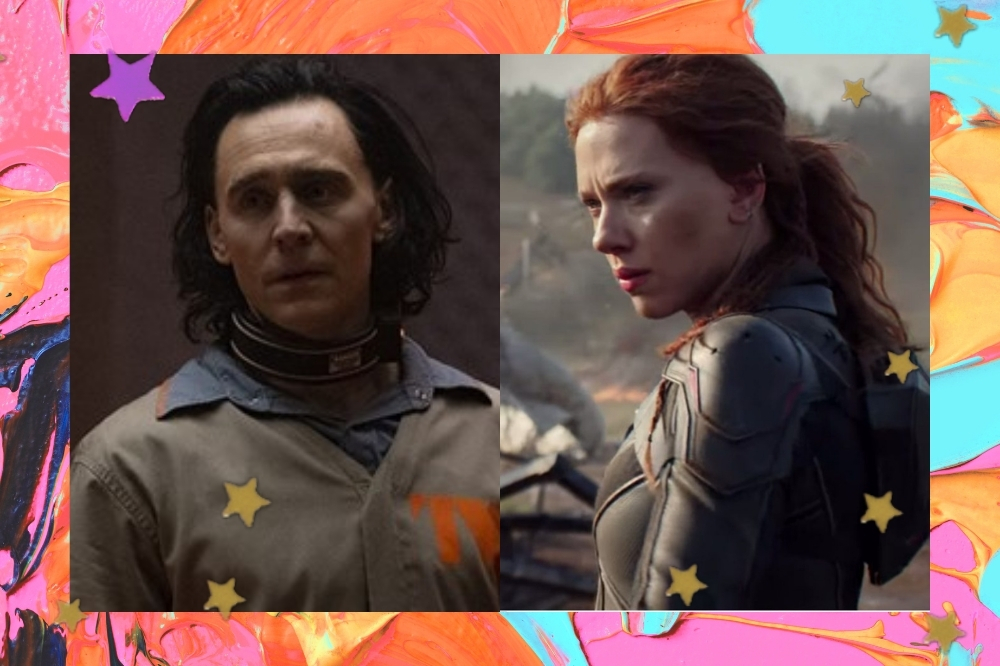 Montagem com duas imagens lado a lado, sendo a primeira do personagem Loki, com expressão seria usando uniforme da prisão. E na outra, a personagem Viúva Negra com expressão séria e usando seu uniforme de luta.