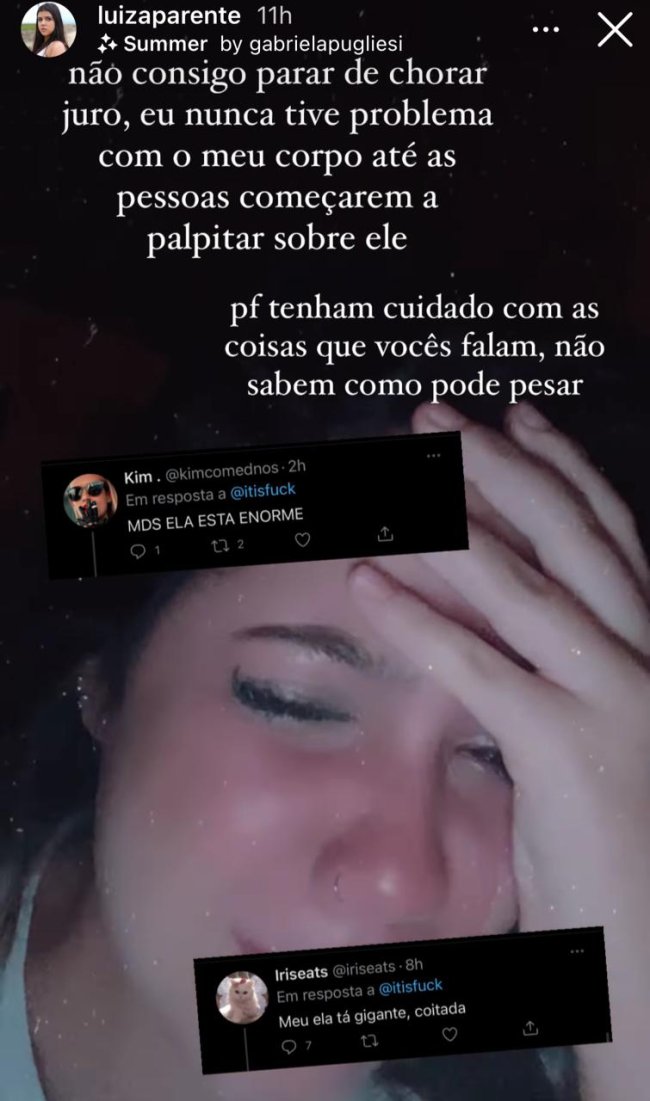 Luiza Parente Print dos stories da influenciadora Luiza Parente, no qual ela aparece chorando e com a maquiagem borrada. A imagem não tem muita resolução para vermos maiores detalhes.