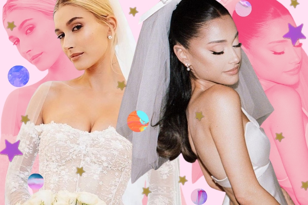 Montagem com estrelinhas e bolinhas coloridas, e foto de Hailey Bieber e Ariana Grande sorridentes com seus vestidos de noiva.