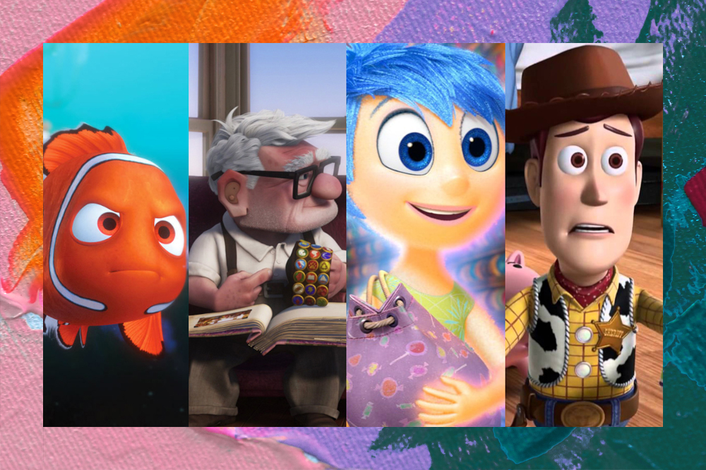 Montagem com o filme (da esquerda para a direita): Procurando Nemo, Up: Altas Aventuras, Divertidamente, Toy Story.