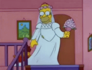 Homer Simpson descendo uma escada vestido de noiva
