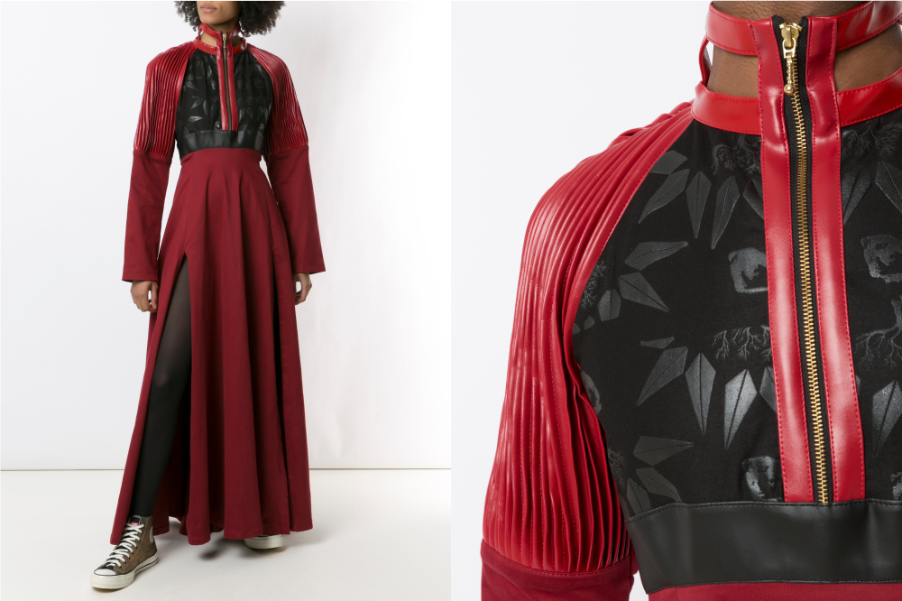 look-jal-vieira-colecao-marvel-pantera-negra Montagem com duas fotos de look feito pela estilista Jal Vieira para a sua coleção Realeza, inspirada nas mulheres de Wakanda, do filme Pantera Negra. À esquerda, o vestido inteiro vermelho com detalhe em preto na região do colo, usado com tênis. À direita, detalhe da região do colo em preto e estampa e as mangas em vermelho.