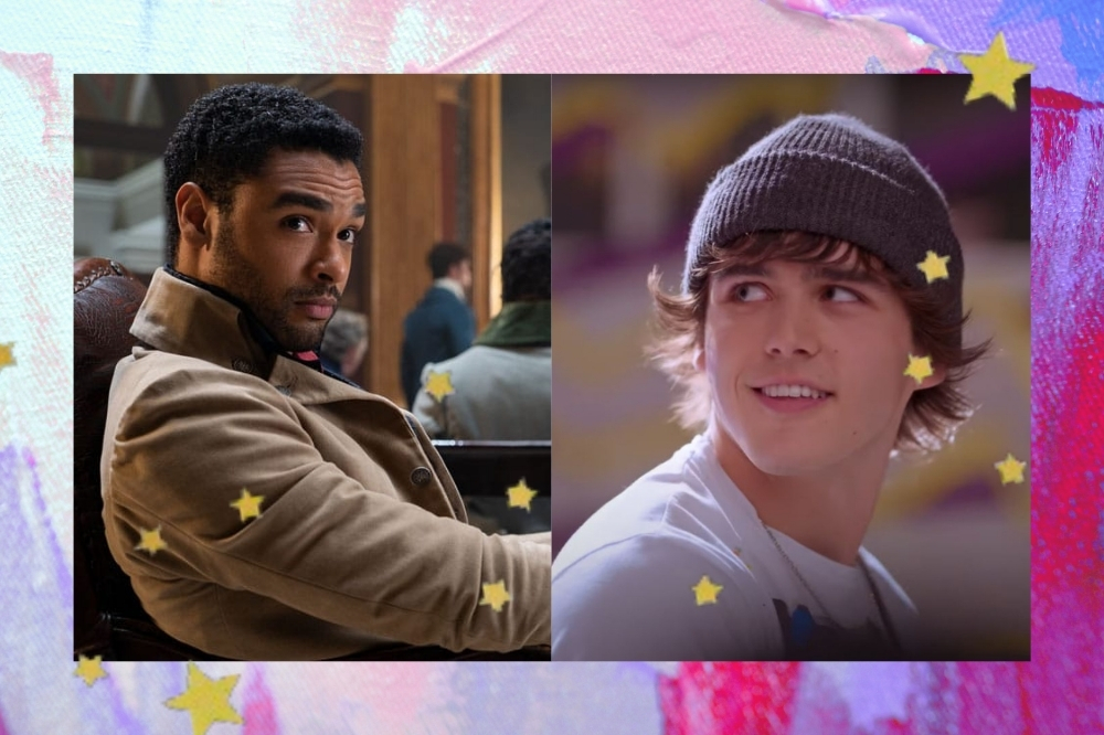 Montagem com foto dos personagens Simon Basset e Luke de Julie and the Phatoms com o fundo rosa, roxo e azul com estrelas douradas.