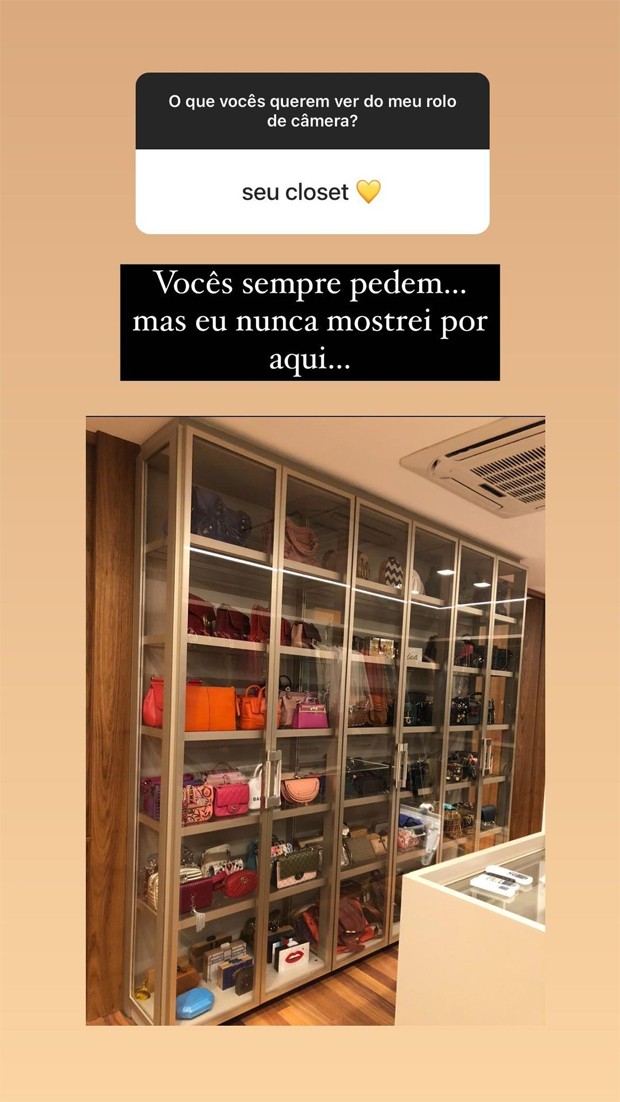 Print do story da atriz Marina Ruy Barbosa, no qual ela mostra sua coleção de bolsas, dentro de um closet com portas transparentes. Não conseguimos ver as bolsas com muito detalhe, mas conseguimos ver que ela tem várias.
