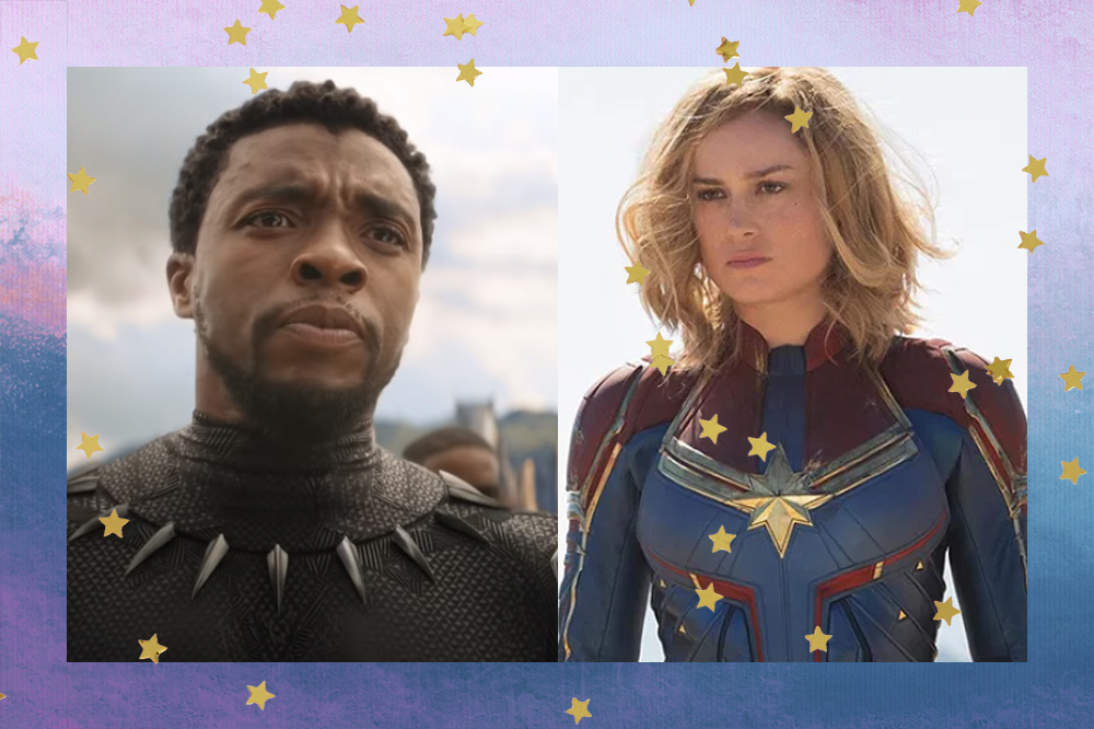 Montagem com imagem na direita de Chadwick Boseman como Pantera Negra e Brie Larson na esquerda como Capitã Marvel