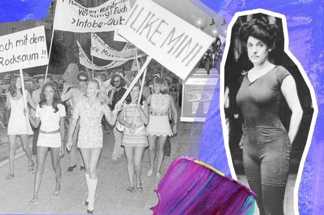 À esquerda, mulheres marcham em prol da minissaia. À direita, a nadadora Annette Kellerman com seu traje de banho 