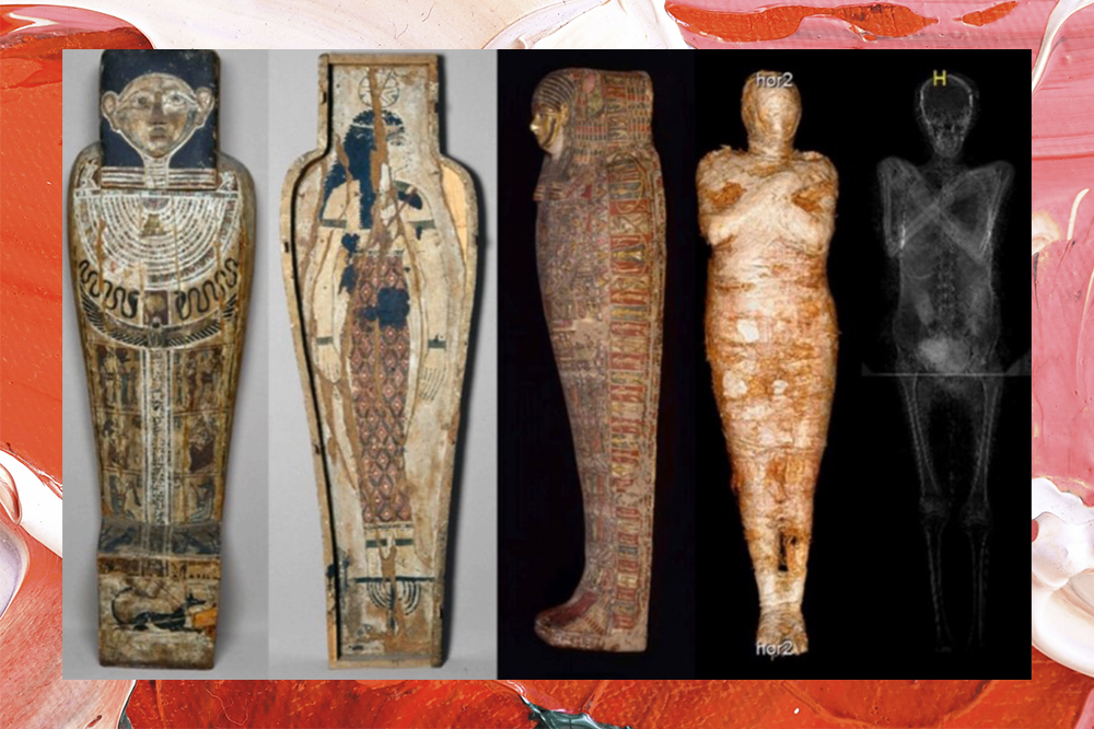 Na colagem, é mostrada uma sequência de imagens de um sarcófago egípcio e o raio-X de uma múmia