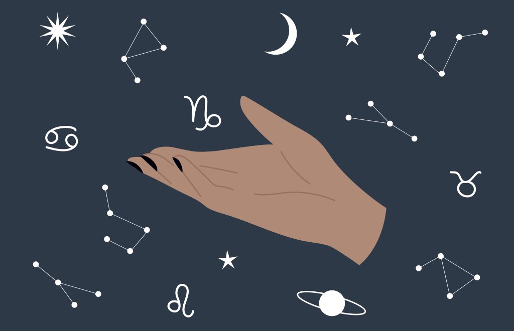 Ilustração de uma mão mostrando signos, planetas e constelações, que flutuam ao redor dela num fundo azul escuro