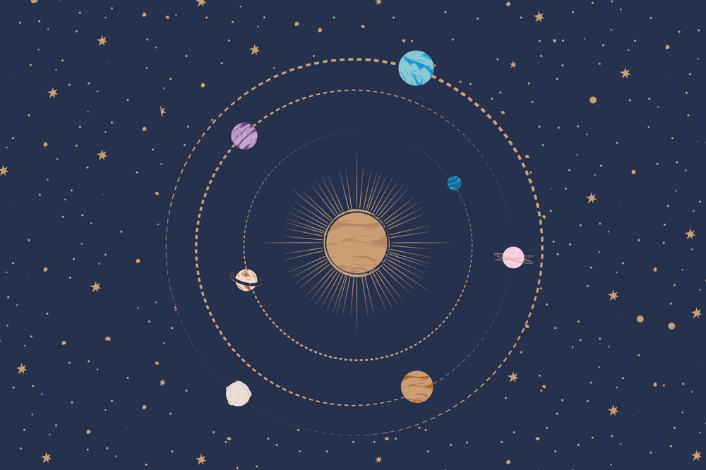 Ilustração dos planetas do zodíaco sobre um fundo azul escuro. Os planetas são coloridinhos e estão todos as redor do Sol.