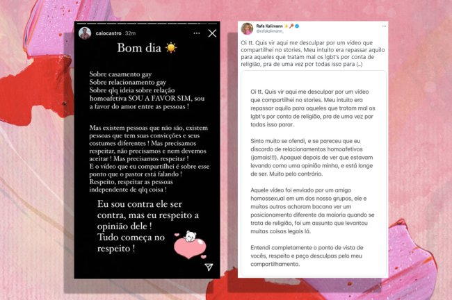 Print de publicações feitas por Caio Castro (no Instagram) e Rafa Kalimann (no Twitter) sobre comentários homofóbicos feitos por eles