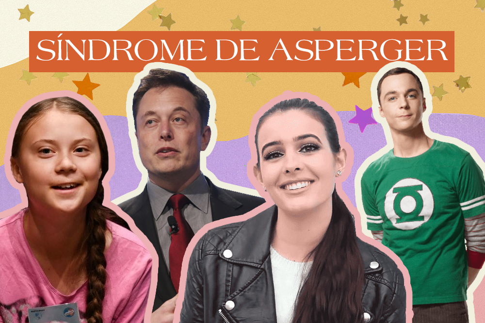 Fotos da Greta Thunberg, do Elon Musk, na Lisa Cimorelli e do Sheldon Cooper, todos diagnosticados com a Síndrome de Asperger. O fundo é coloridos, em amarelo, laranja, lilás e rosa, e tem estrelinhas coloridas nas mesmas cores.
