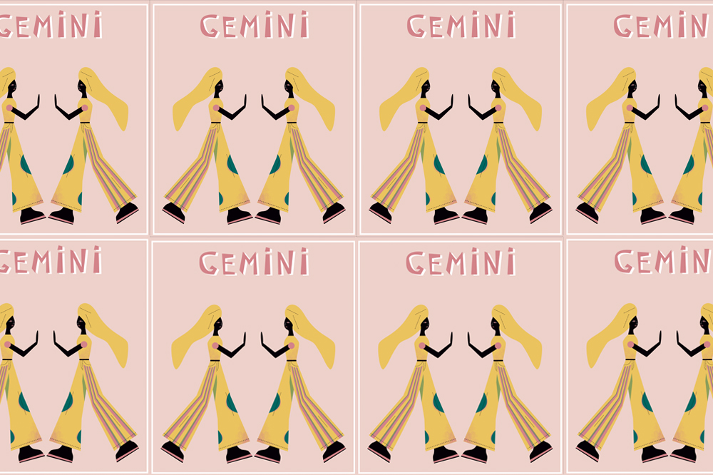 Ilustração sobre o signo de Gêmeos; num fundo rosa, duas meninas gêmeas, com roupas amarelas iguais, batem as mãos