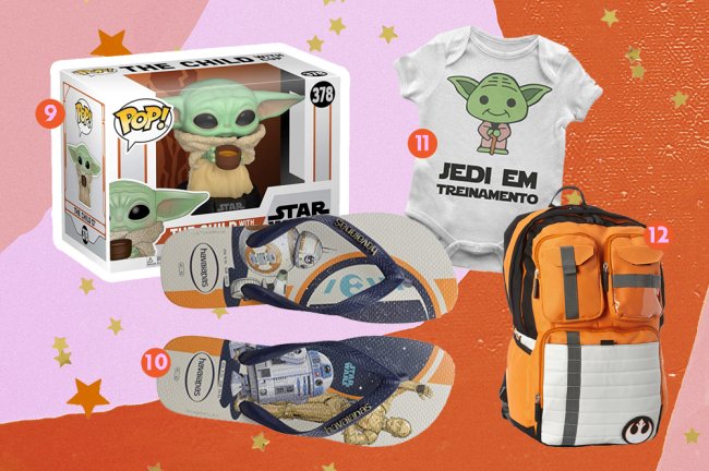 Star Wars Day: mimos para quem é fã da saga comprar e celebrar Produtos da saga Star Wars. Na imagem, vemos um funko do Baby Yoda, um chinelo customizado, um mochila tematizada da Aliança Rebelde e um body de bebê do Baby Yoda, com os dizeres