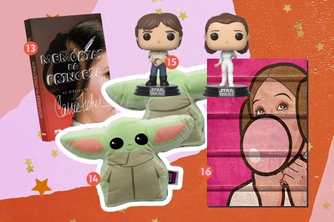 Star Wars Day: mimos para quem é fã da saga comprar e celebrar Produtos da saga Star Wars. Na imagem, vemos livro da Carrie Fisher, uma almofada do Baby Yoda, um funko do Han Solo, outro da Princesa Leia, e um quadro da Leia de Organa fazendo uma bola de chiclete