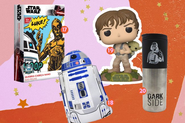 Star Wars Day: mimos para quem é fã da saga comprar e celebrar Produtos da saga Star Wars. Na imagem, vemos um quebra-cabeça de Star Wars, uma almofada no formado do r2d2, um fundo do Luke Skywalker evando o Yoda nas costas, e um copo térmico do Darth Vader