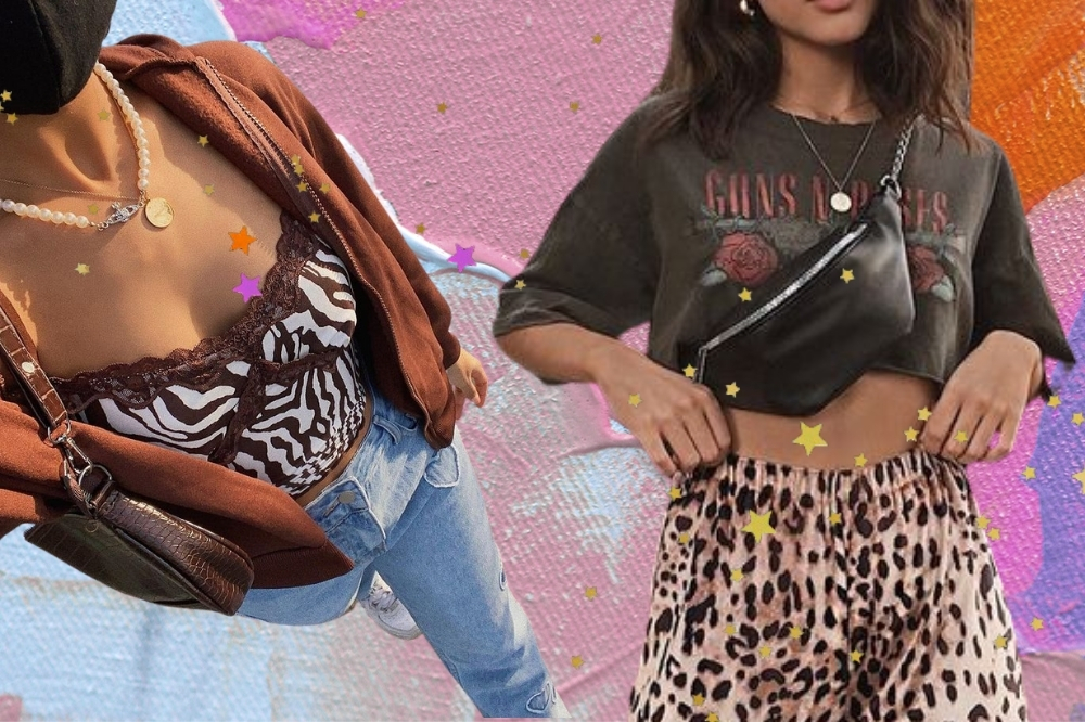 Montagem de duas mulheres do ombro para baixo. A mulher da esquerda veste um cropped marrom animal print, casaco marrom, calça jeans e bolsa baguete marrom. A mulher da direita veste uma camiseta cinza, calça animal print e pochete preta.