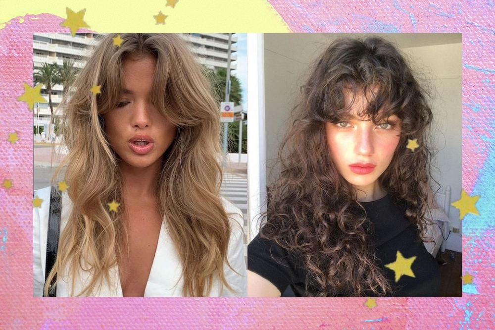 Montagem com fundo colorido rosa, lilás e amarelo, com estrelinhas dourada e duas mulheres. A mulher da esquerda usa camisa branca, cabelo solto e com a franja cortininha. A da direita usa camiseta preta, cabelo solto e franja despojada.